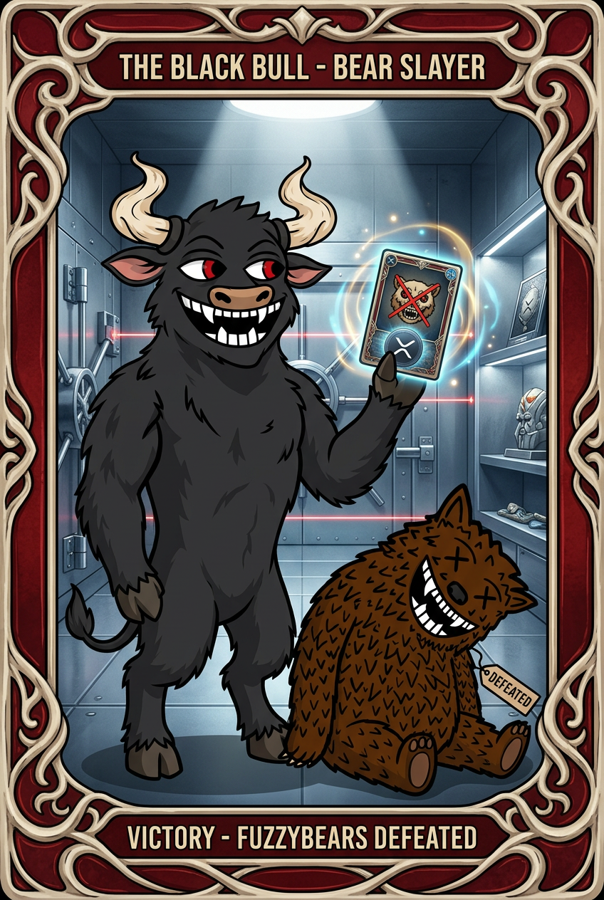 Feral Bull NFT kill card with a defeated fuzzy bear
