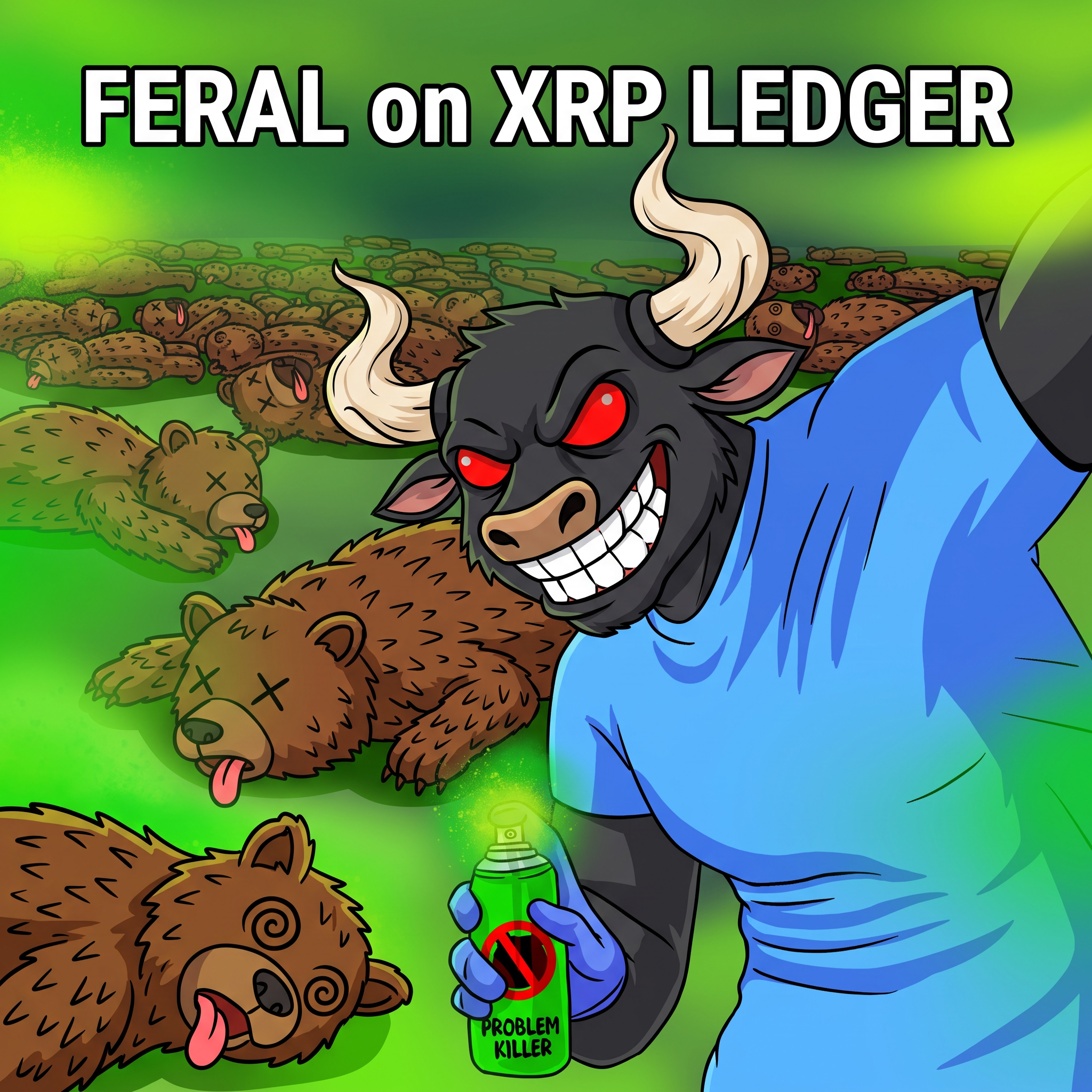 Feral Bull posing in a field of defeated fuzzy bears