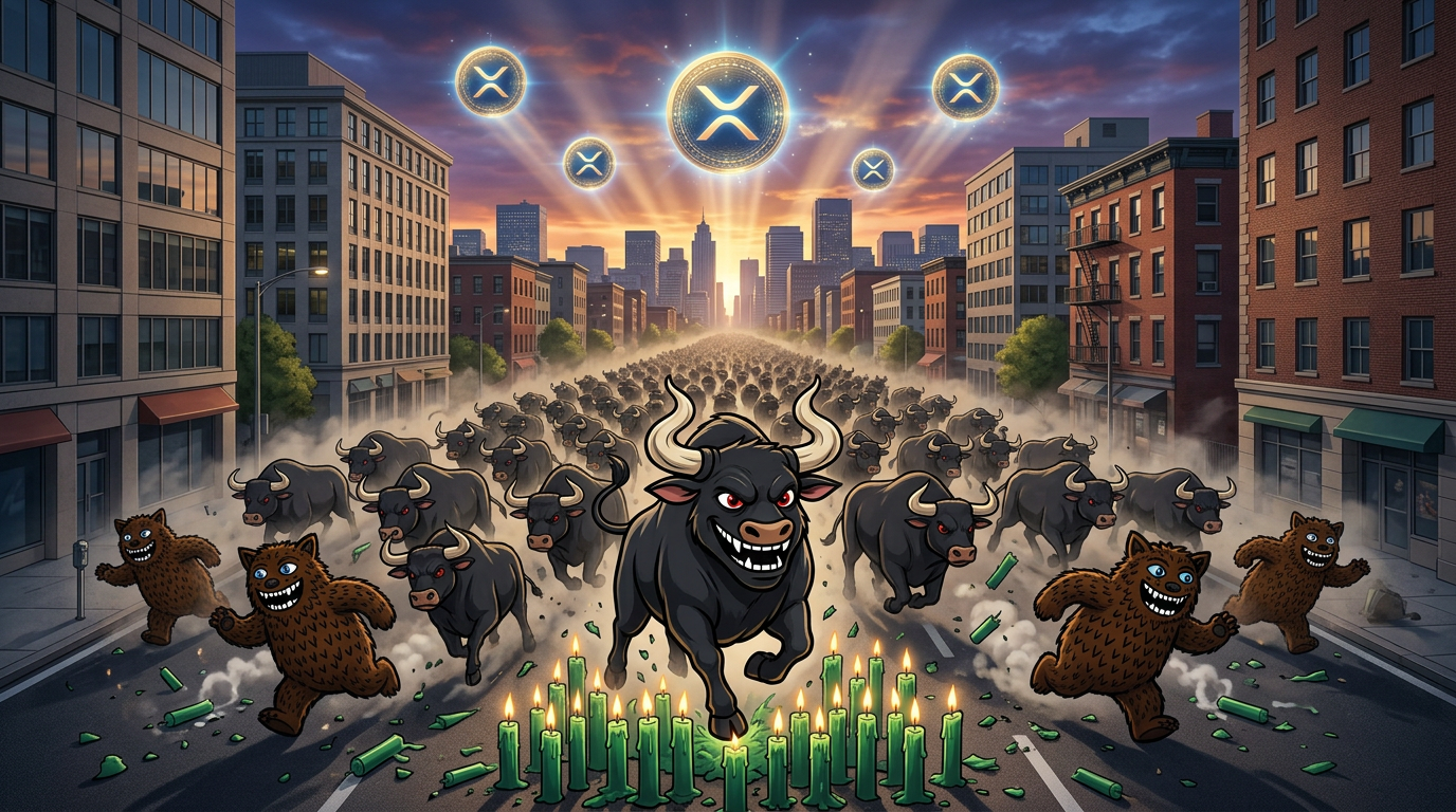 The Feral Bull leading a stampede through a city of fleeing fuzzy bears