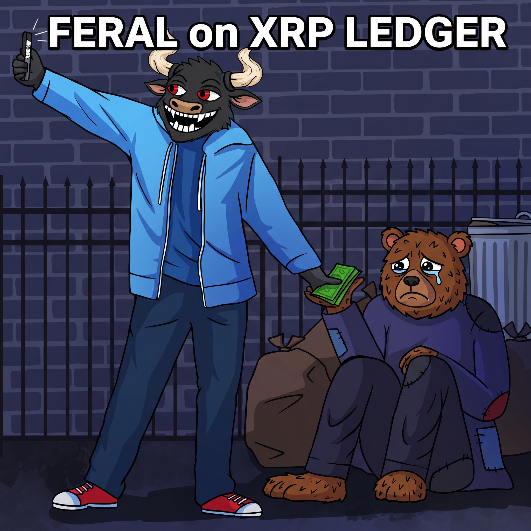 Feral Bull handing coins to a broke fuzzy bear in an alley