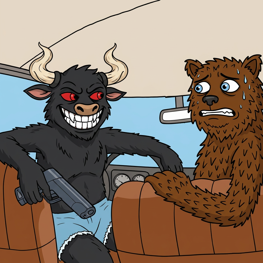 Feral Bull riding shotgun while a sweating fuzzy bear drives
