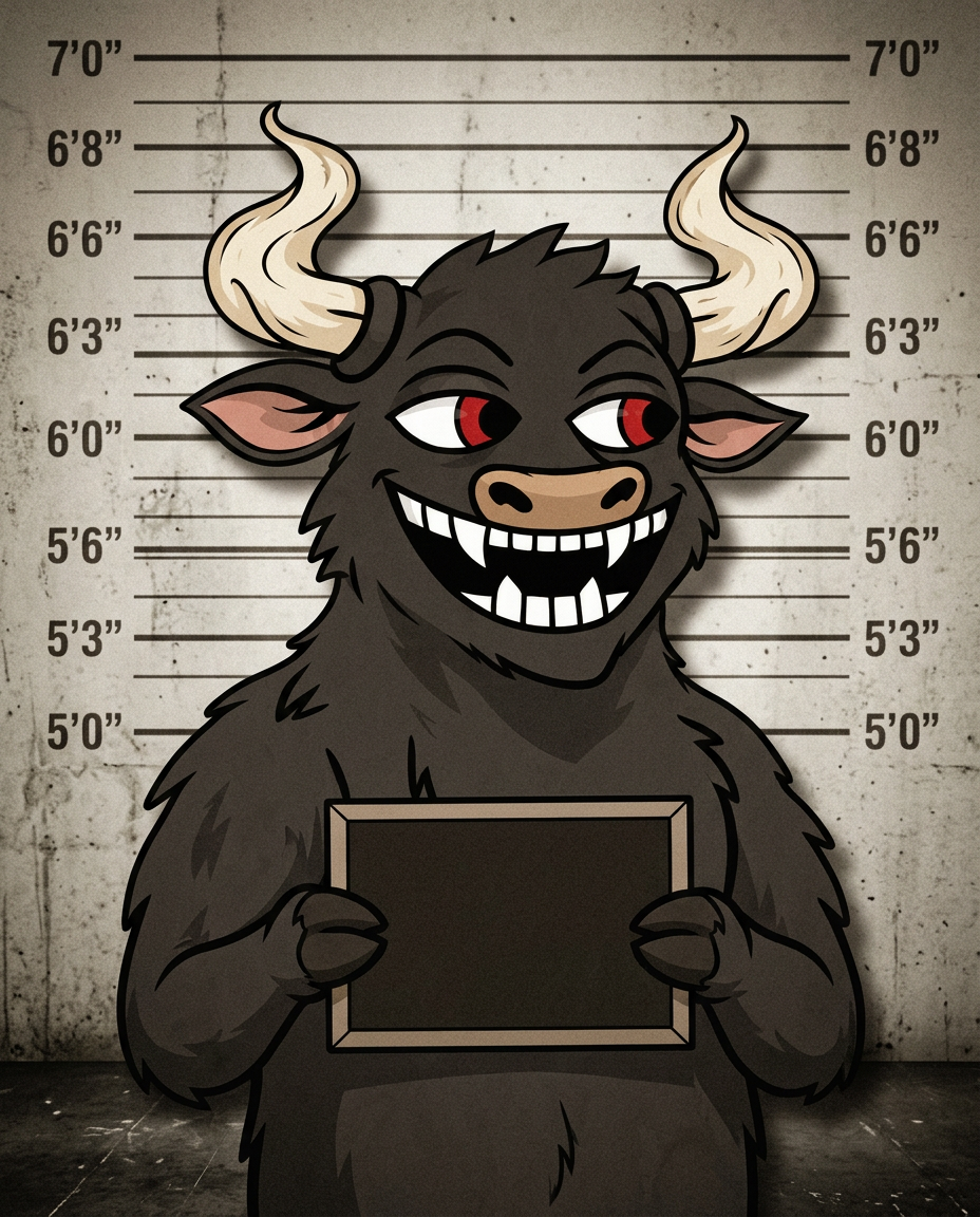 Mugshot of Feral Bull holding a blank booking board